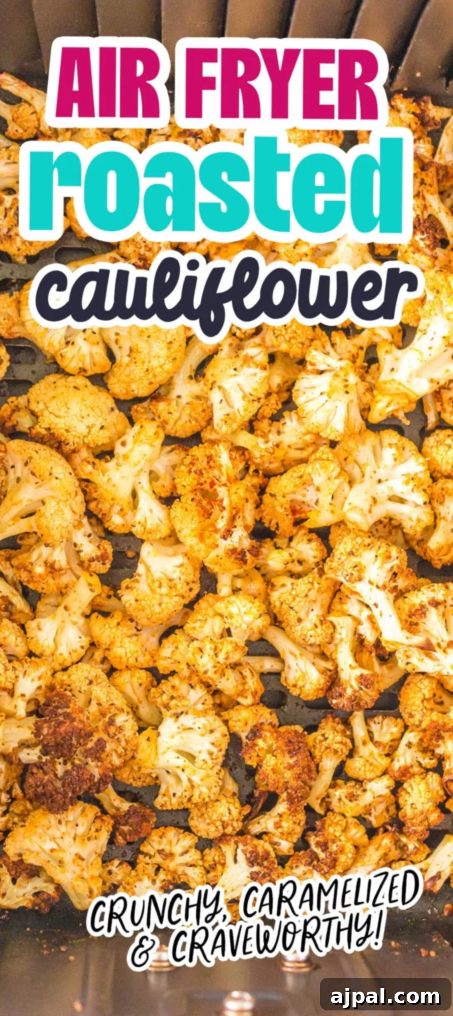 browned air fried cauliflower in an air fryer basket