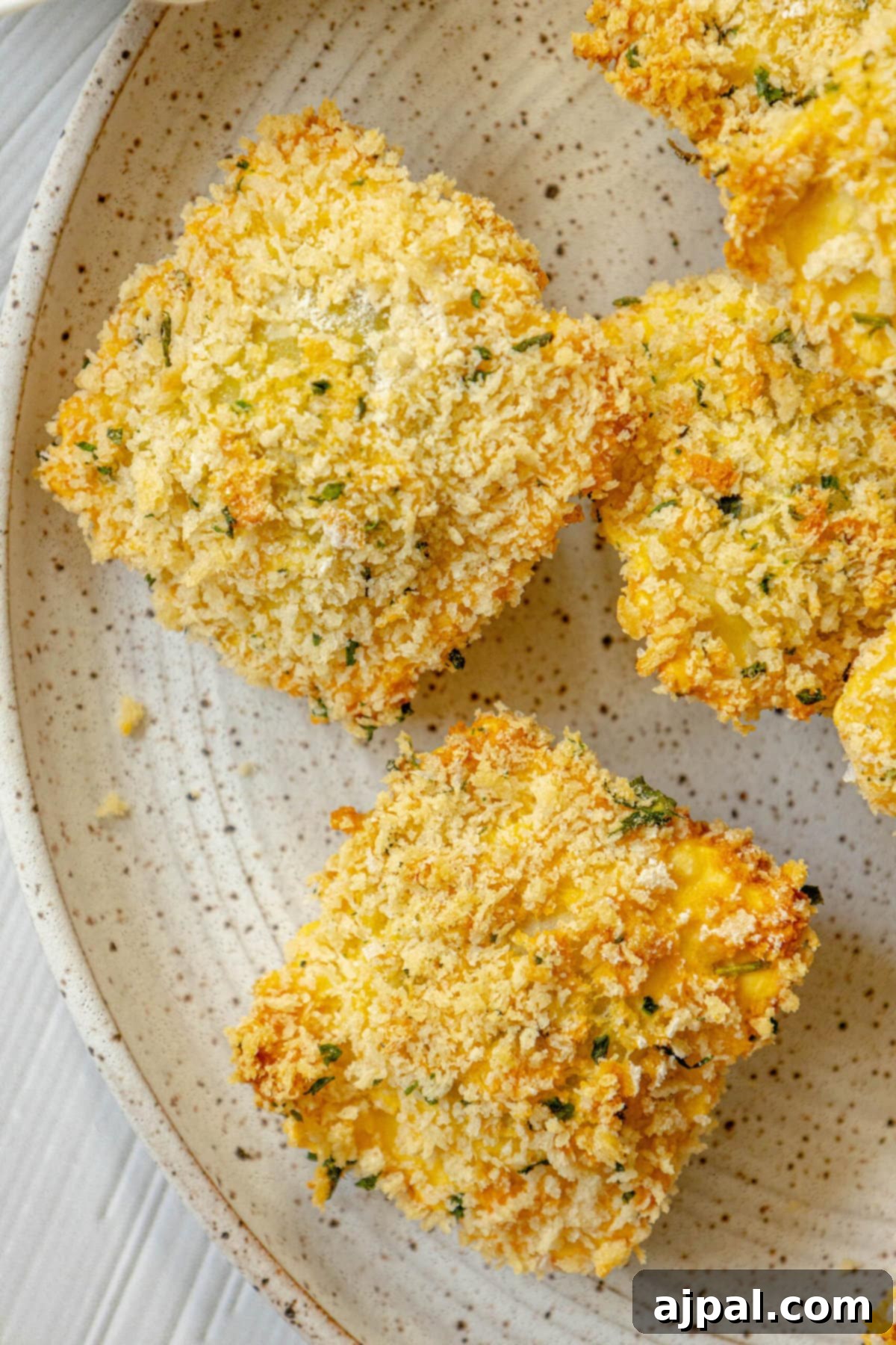 Crunchy baked breaded ravioli perfectly golden on a white speckled plate