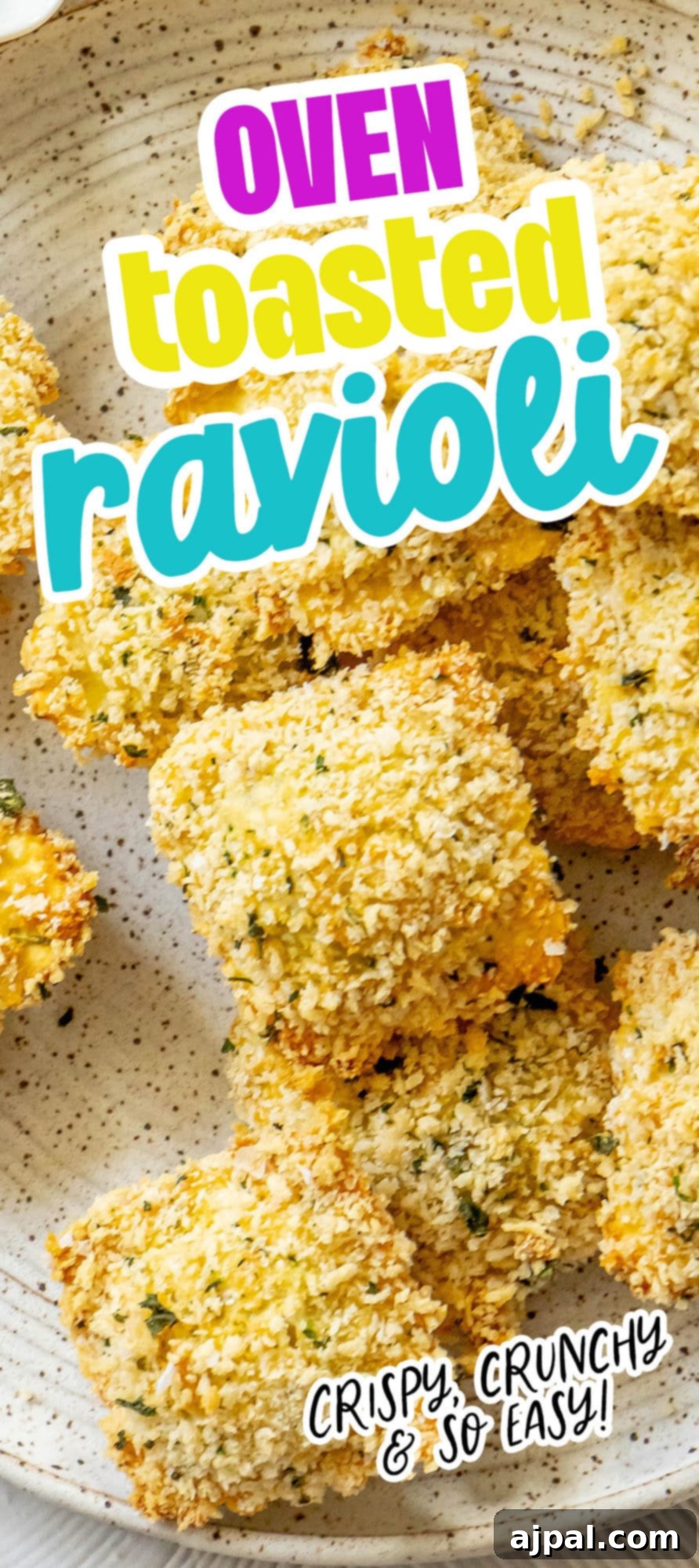 Crunchy baked breaded ravioli on a white speckled plate