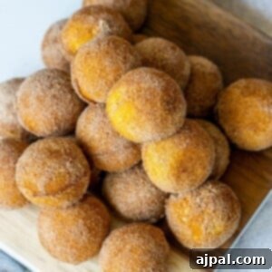 A close-up of golden-brown cinnamon sugar donut holes, perfectly coated and ready to eat.
