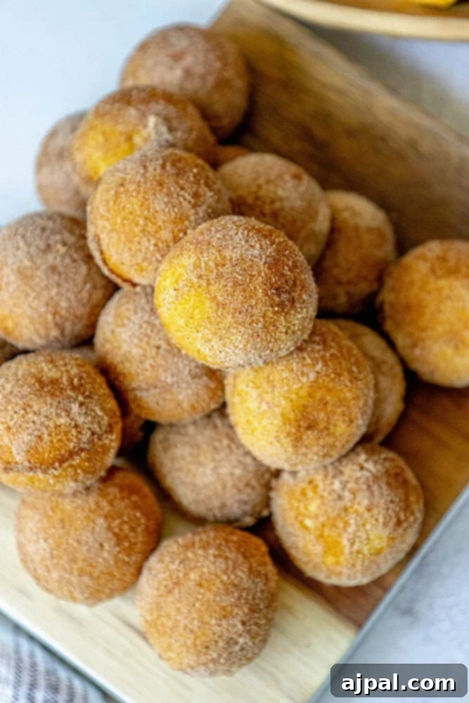 A close-up shot of several cinnamon sugar donut holes artfully stacked, highlighting their fluffy texture and delicious coating.
