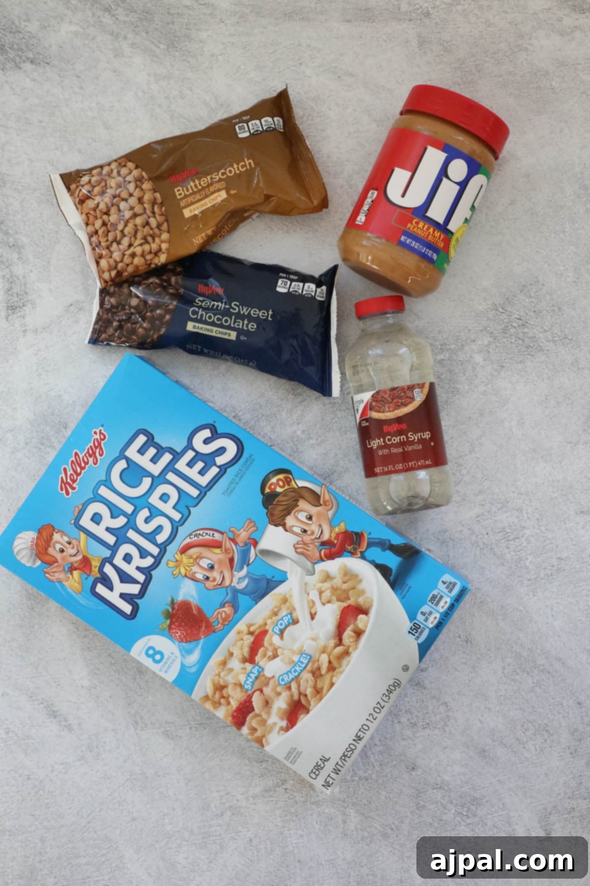 A box of cereal, a box of peanut butter, and a box of scotcheroos.