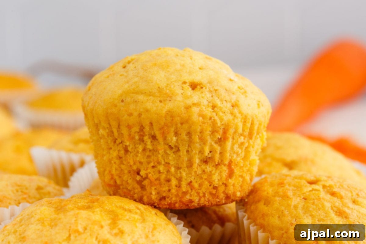 Effortless Carrot Muffins 3 Stacked carrot muffins, one without a cupcake wrapper, showcasing their inviting texture.