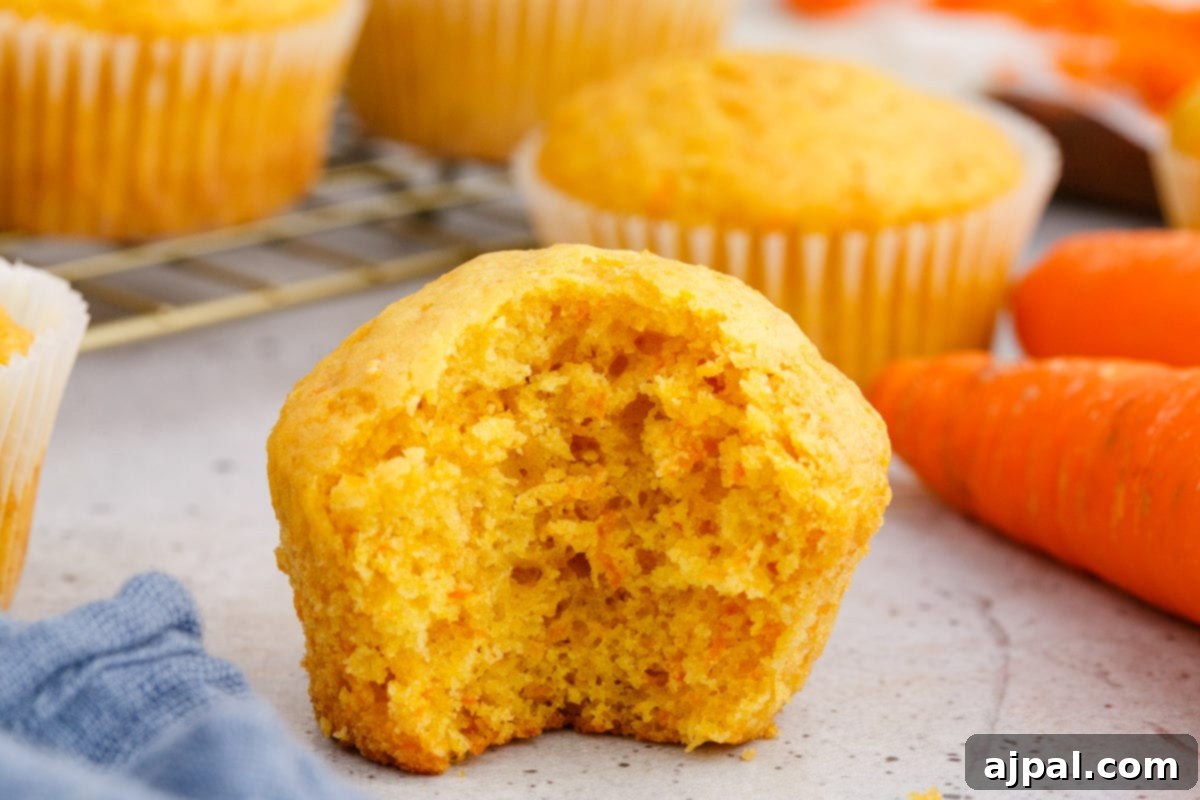 Effortless Carrot Muffins 15 A baked carrot muffin with a significant bite taken out, clearly displaying its fluffy, light, and airy interior texture.
