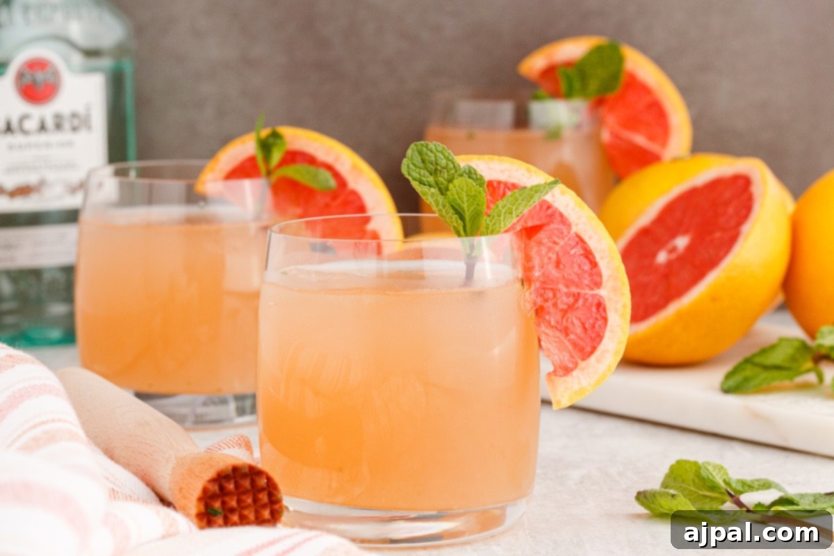 grapefruit mojito cocktail in a short glass with a sprig of mint and a slice of grapefruit on the side