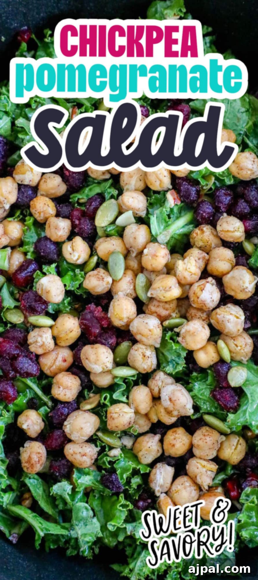 Jeweled Chickpea Pomegranate Salad 11 kale salad in a bowl with chickpeas, dried cranberries, pomegranate arils, pepitas, and dressing