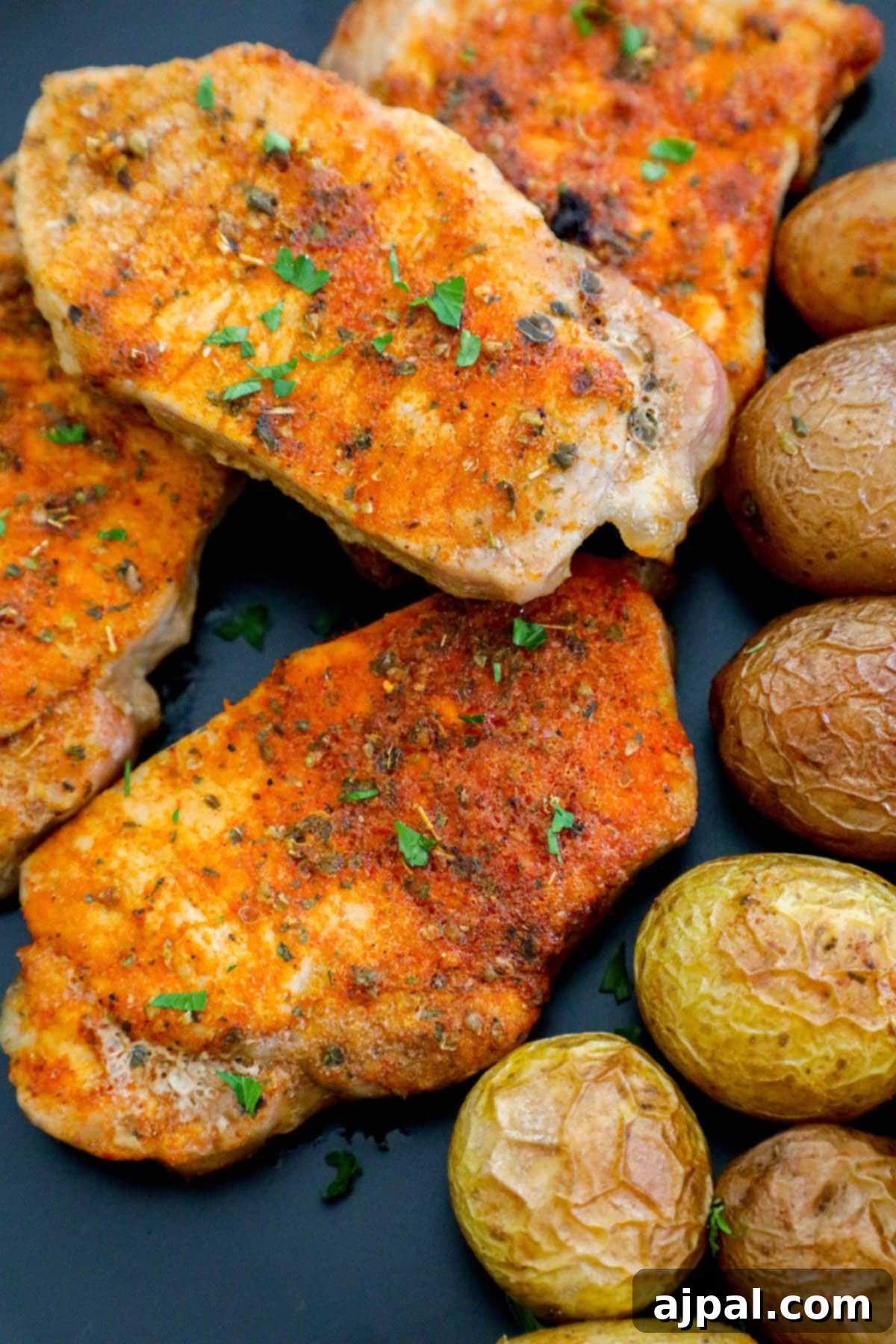 Zesty Ranch Pork Chops and Roasted Potatoes 8 browned seasoned pork chops with potatoes on a black plate