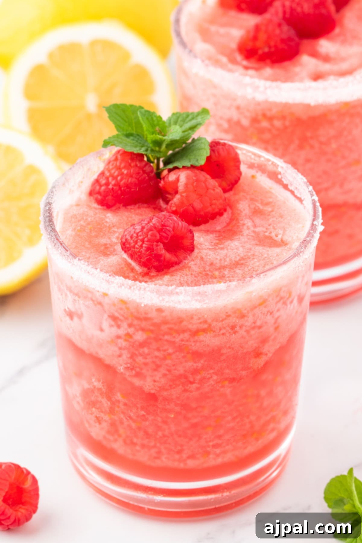 frozen pink lemonade in a sugar rimmed glass with raspberries and a sprig of mint on top