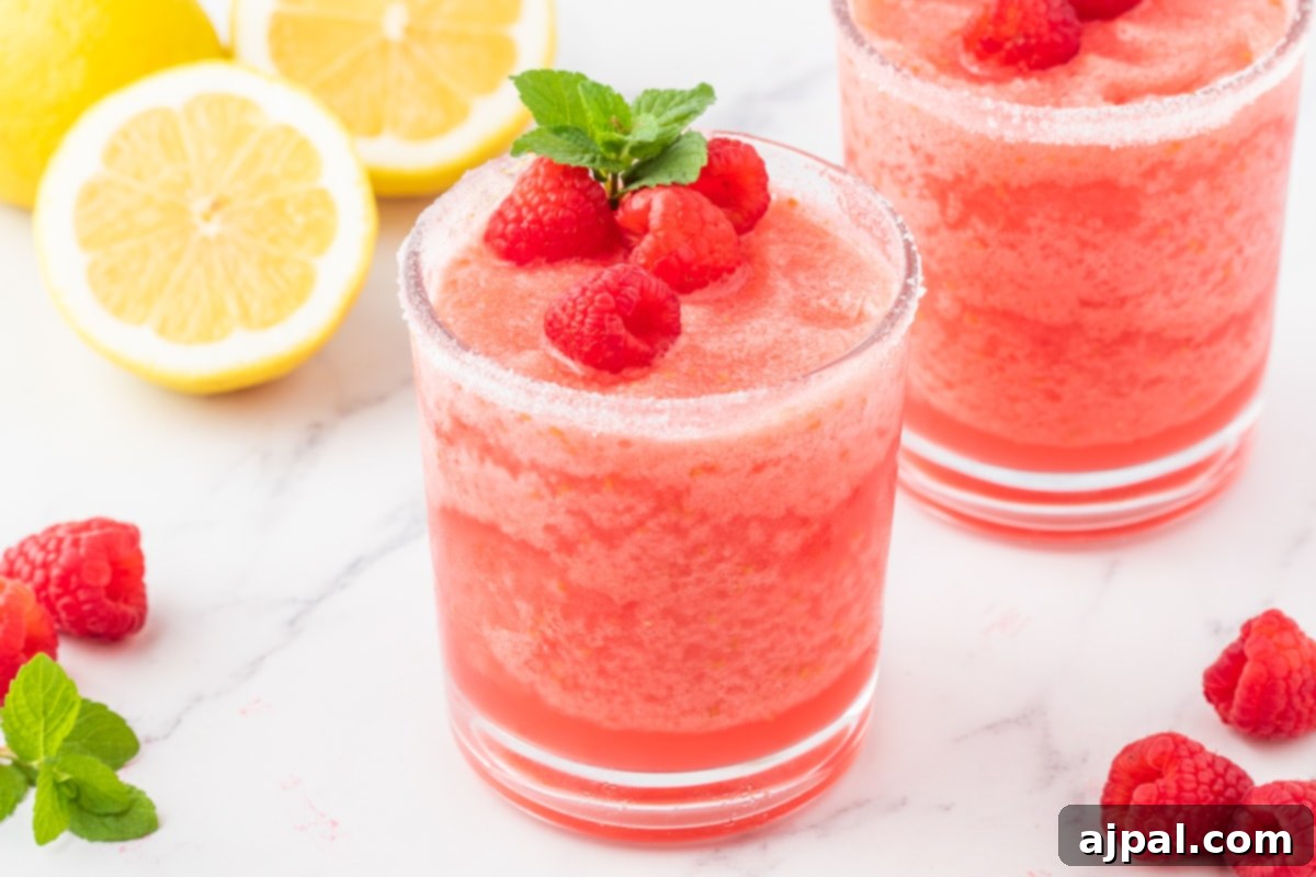 frozen pink lemonade in a sugar rimmed glass with raspberries and a sprig of mint on top next to another glass of raspberry lemonade on a table with raspberries and lemons on it 