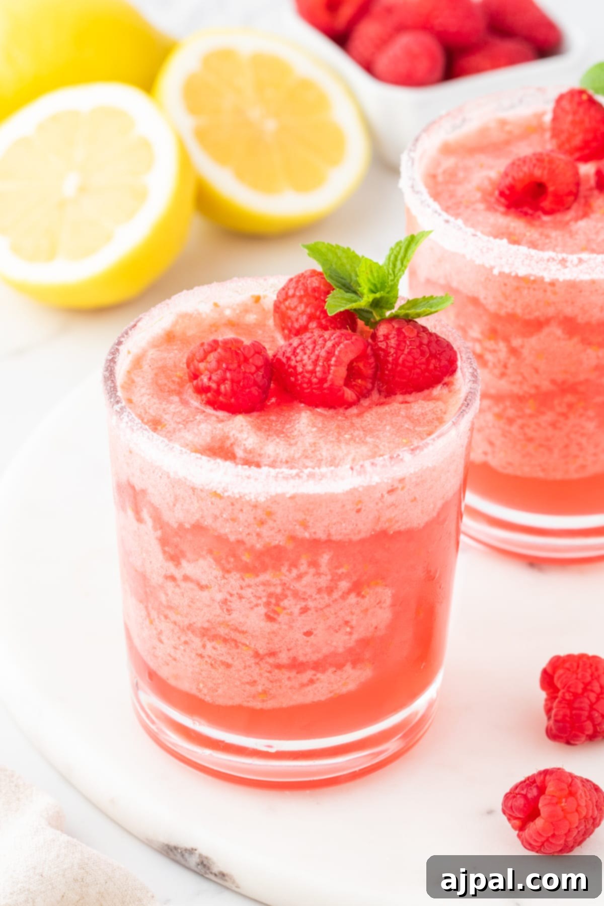 frozen pink lemonade in a sugar rimmed glass with raspberries and a sprig of mint on top next to another glass of lemonade