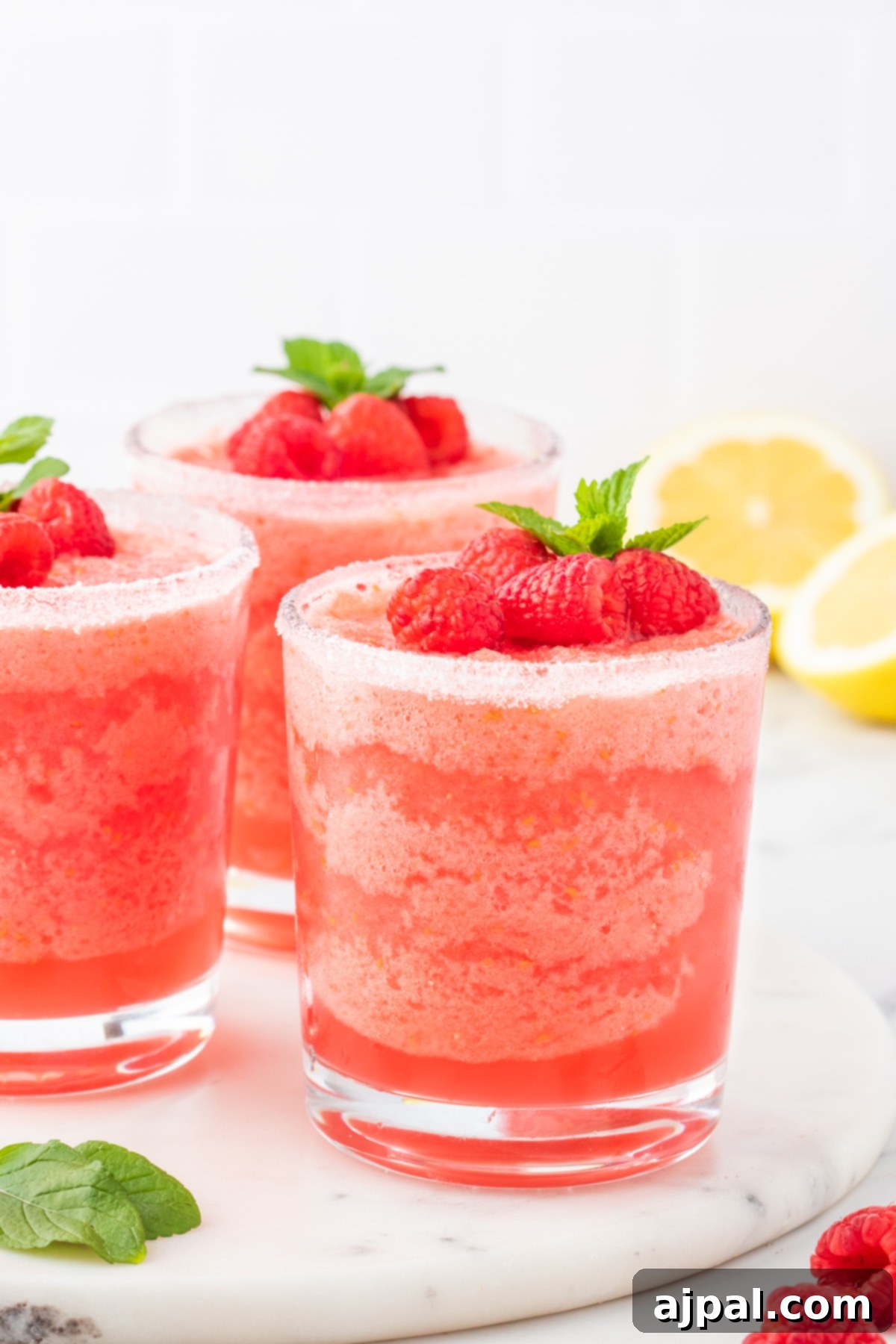 three frozen pink lemonades in  sugar rimmed glasses with raspberries and a sprig of mint on top