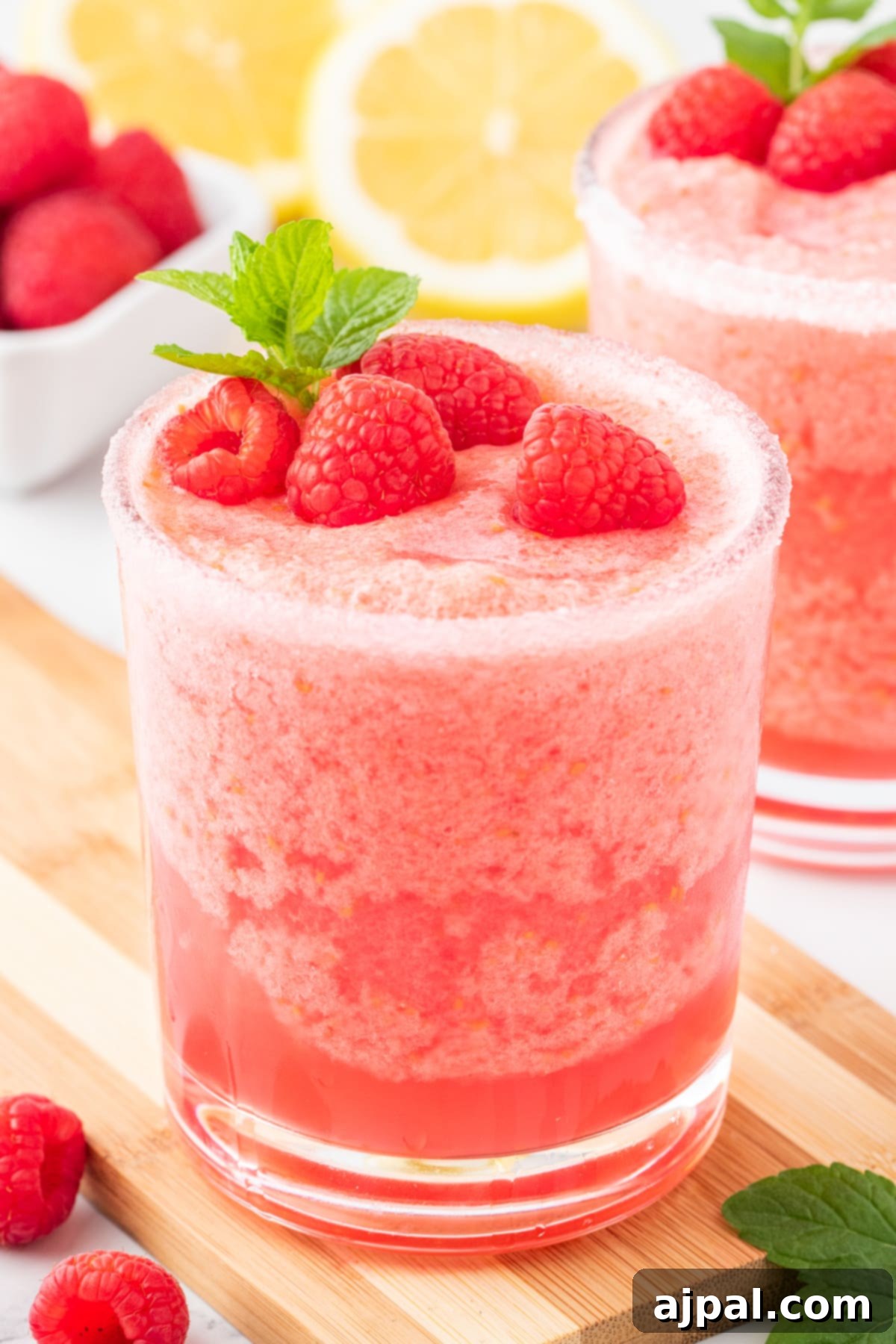 frozen pink lemonade in a sugar rimmed glass with raspberries and a sprig of mint on top