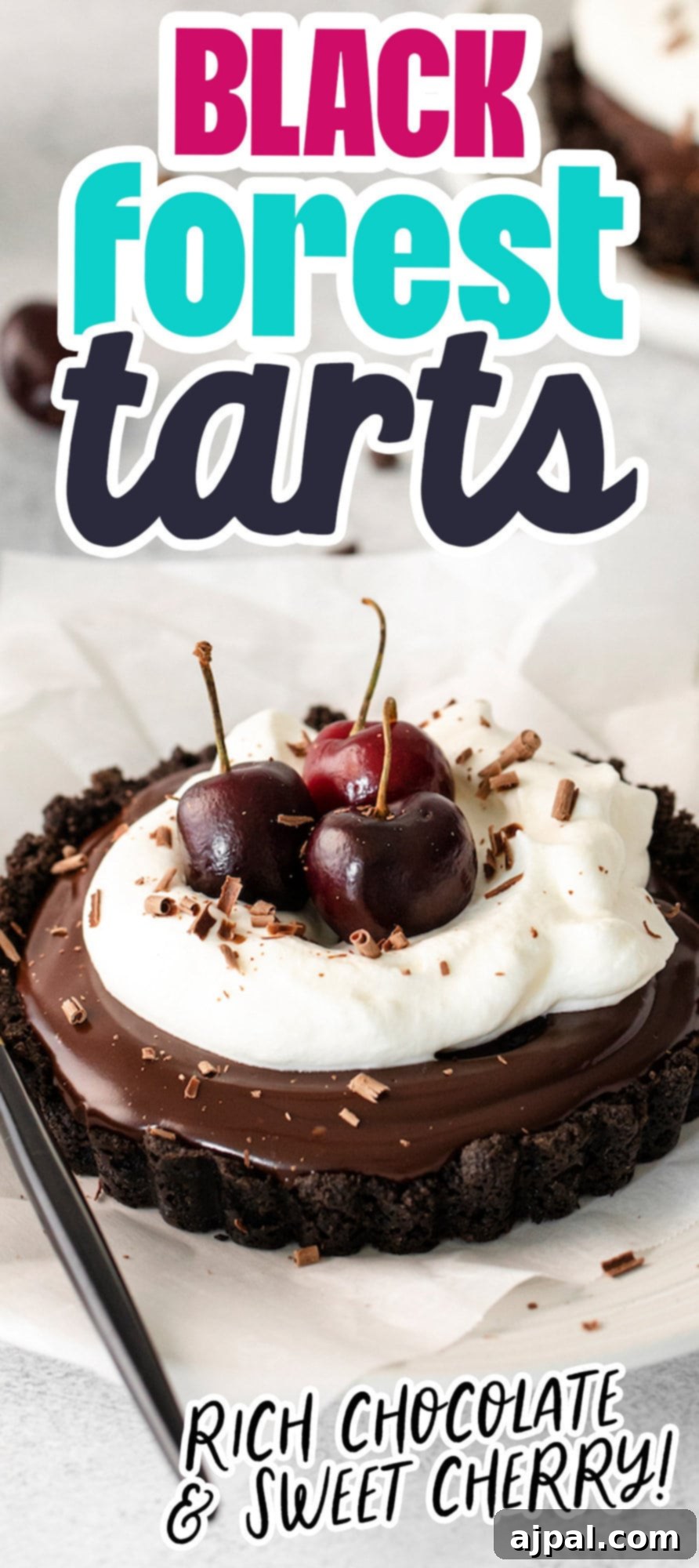 Dark Forest Cherry Delights 12 A single Black Forest tart elegantly presented on a pristine white plate, featuring a deep chocolate crust, a rich chocolate ganache filling, and generously topped with fluffy whipped cream and vibrant fresh cherries. Its symmetrical beauty and enticing colors make it an irresistible dessert.