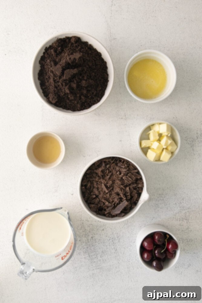 Dark Forest Cherry Delights 4 Various ingredients for Black Forest Tarts, including chocolate, sugar, Oreo crumbs, butter, milk, and cherries, neatly arranged in separate bowls on a rustic wooden table, ready for preparation.