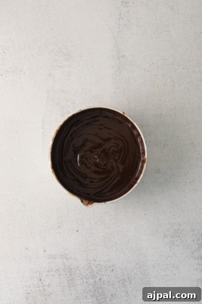 Dark Forest Cherry Delights 7 A bowl filled with rich, glossy chocolate ganache, its smooth, velvety texture reflecting the light, indicating it's perfectly prepared and ready for pouring.