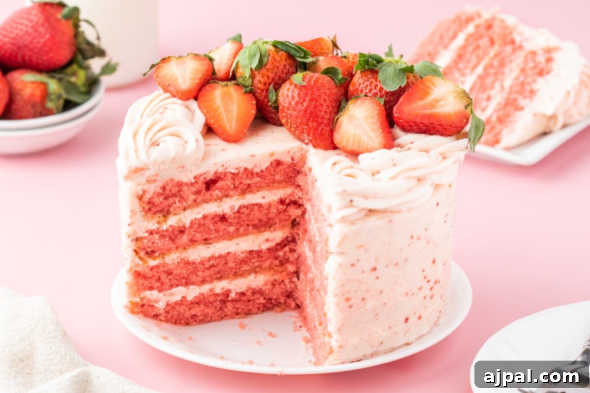 Fresh Strawberry Layer Cake 15 fresh sliced strawberries on a pink frosted cake with layers of whipped pink icing that has strawberry bits in it