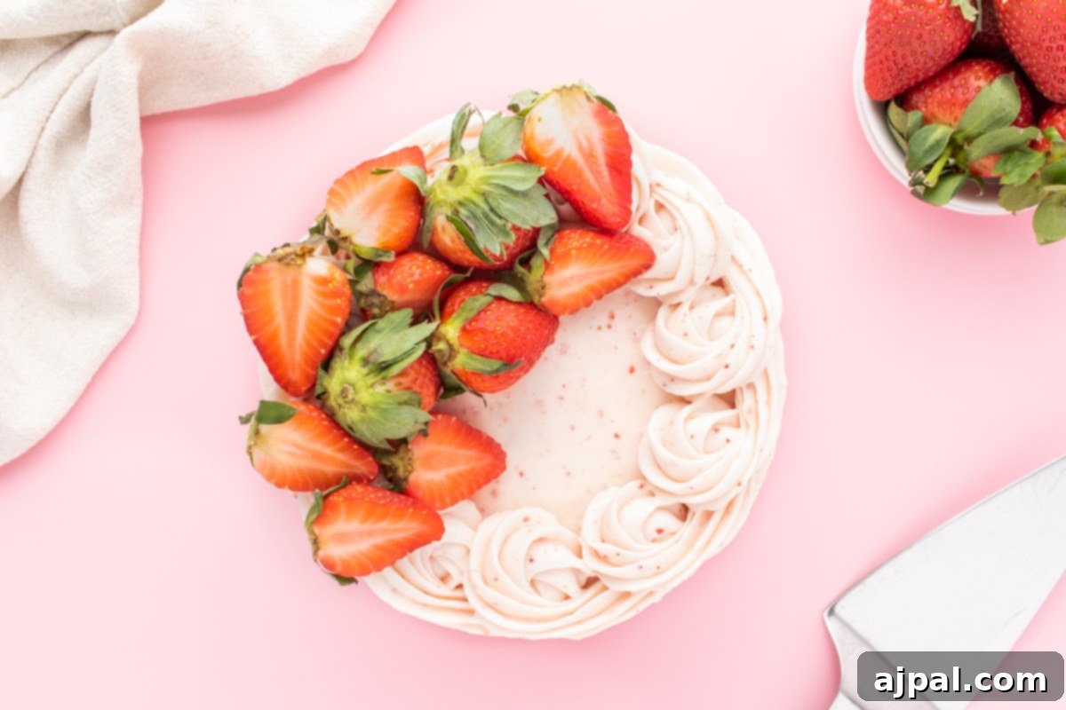 Fresh Strawberry Layer Cake 16 a pink iced cake with strawberries and icing swirls on top