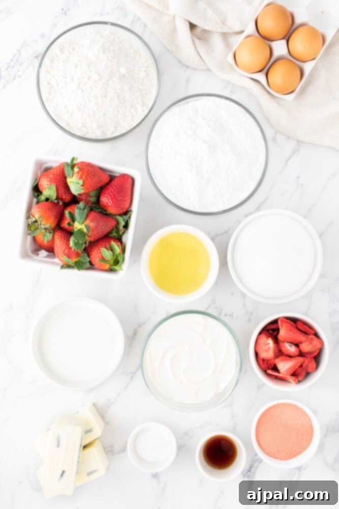 Fresh Strawberry Layer Cake 5 eggs, flour, sugar, strawberry pudding mix, freeze dried strawberries, and more cake ingredients in bowls on a table