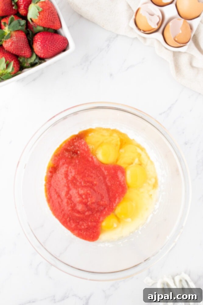 Fresh Strawberry Layer Cake 7 blended strawberries and strawberry pudding mix in a bowl