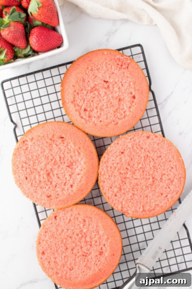 Fresh Strawberry Layer Cake 9 baked layers of pink cake that have been leveled with a knife so the tops are flat