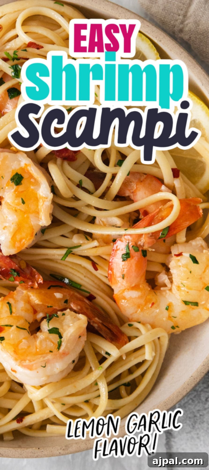 Effortless Shrimp Scampi 12 shrimp pasta with linguine, red pepper flakes, herbs, and lemon slices in a bowl