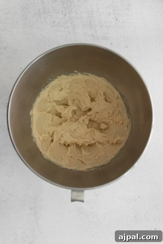 Artisan Maple Pecan Biscotti 5 A metal bowl filled with Maple Pecan Biscotti batter on a white surface