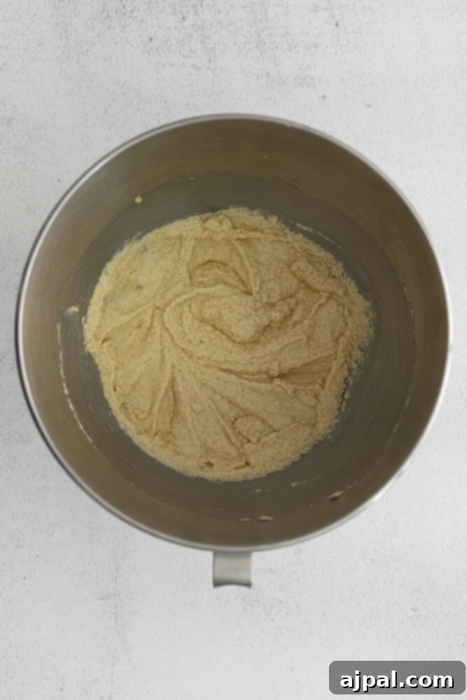 Golden Maple Pecan Biscotti 6 The fully mixed biscotti dough in a metal bowl, rich and creamy, with a paddle attachment.
