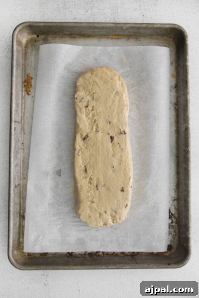 Golden Maple Pecan Biscotti 7 A log of maple pecan biscotti dough shaped on a parchment-lined baking sheet, prepared for the first bake.