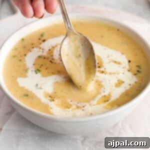 A comforting bowl of apple and cheddar soup, ready to be enjoyed with a spoon.