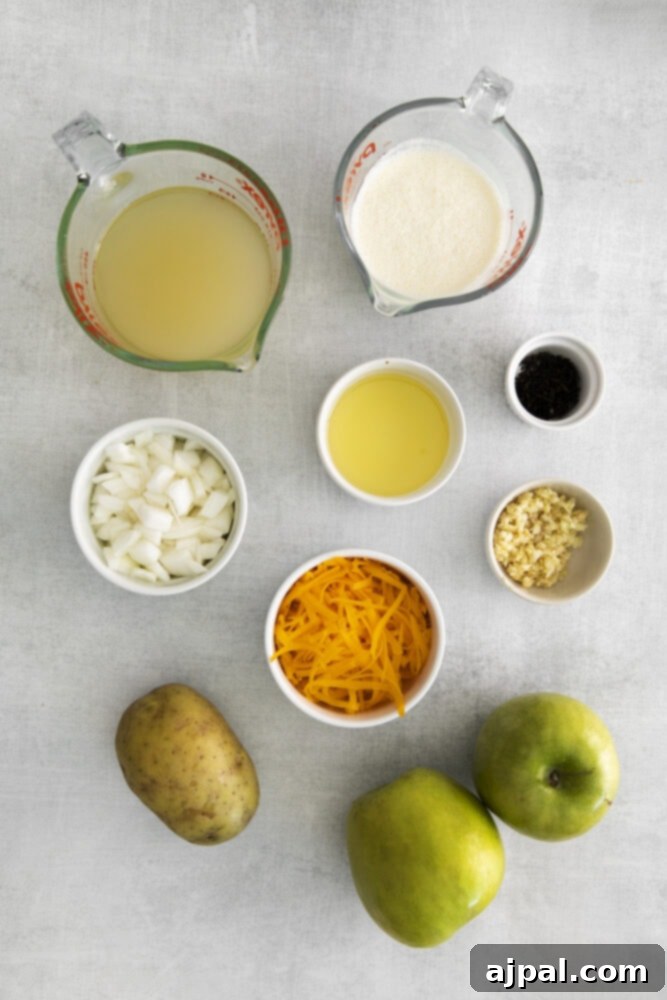 stock, apple, cheese, potato, milk, cream, herbs and spices in bowls on a table