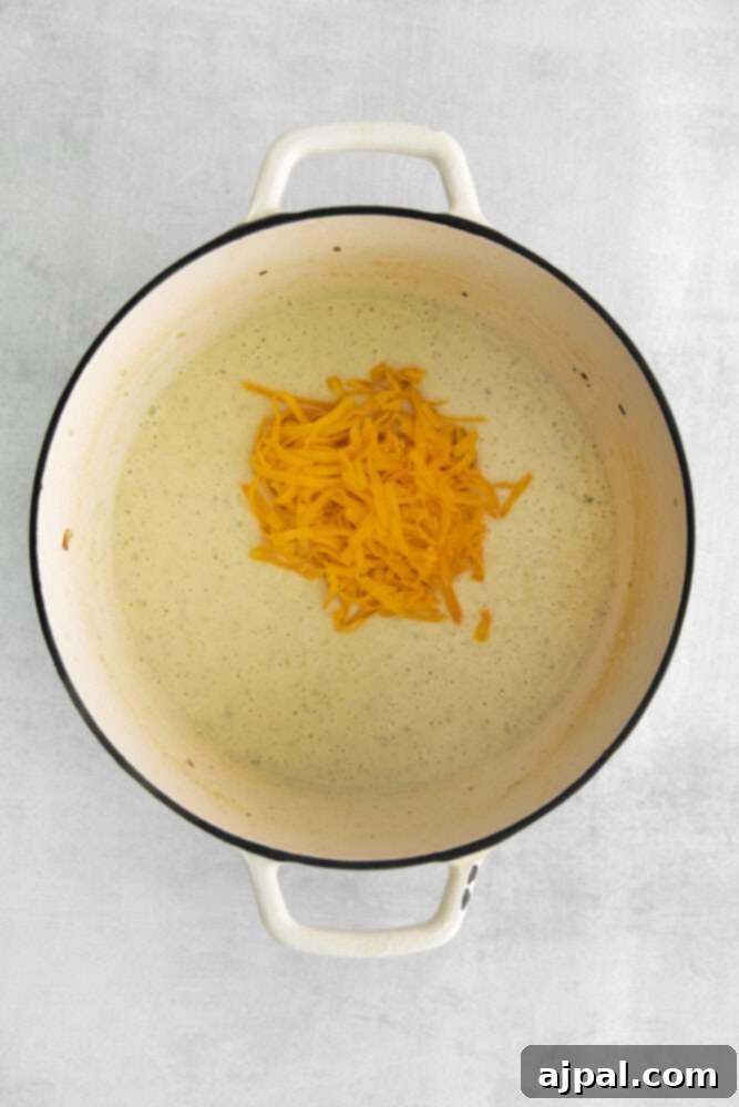 blended soup in a dutch oven with shredded cheese on top