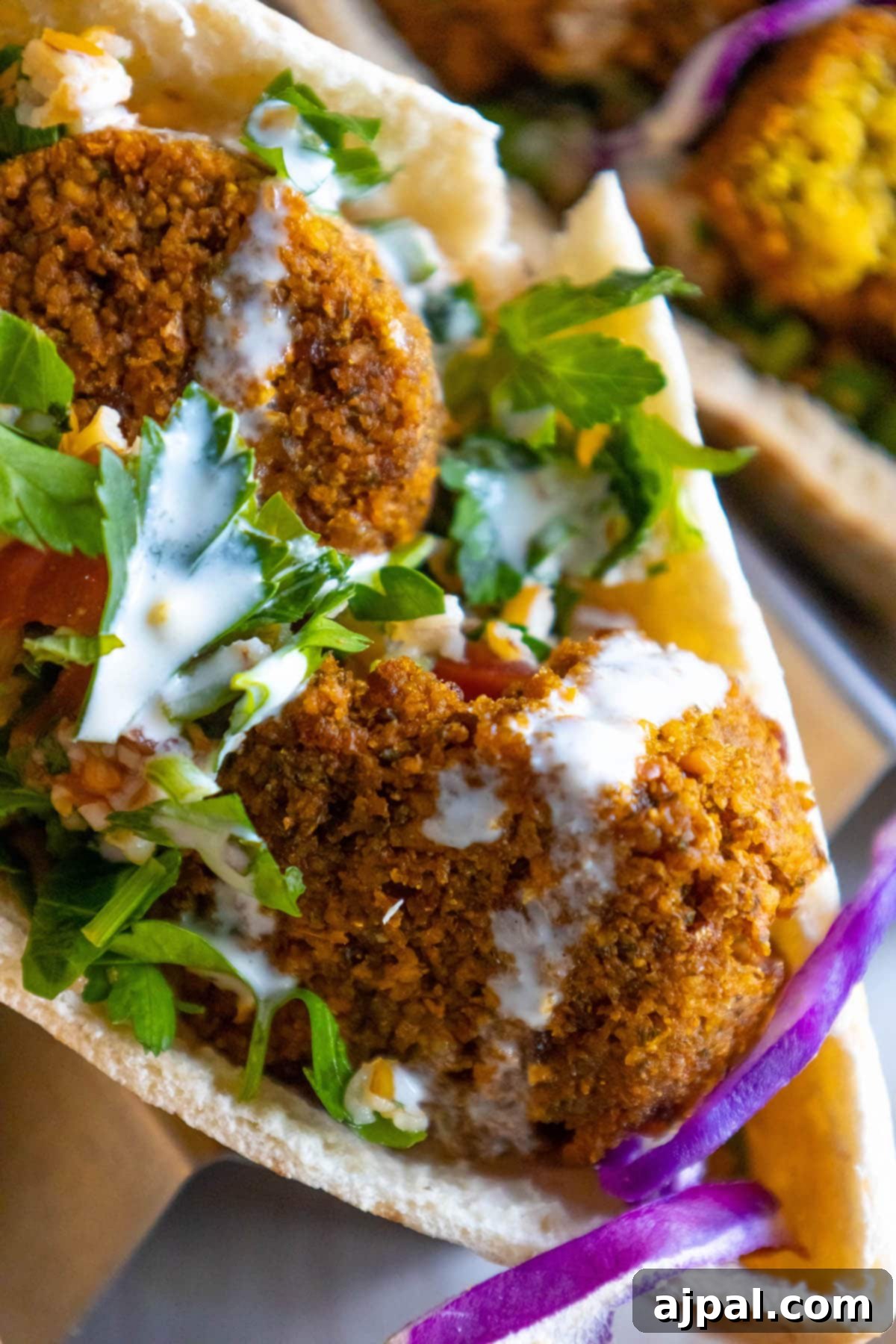 A savory falafel sandwich, generously drizzled with creamy tahini sauce, nestled within a warm pita.