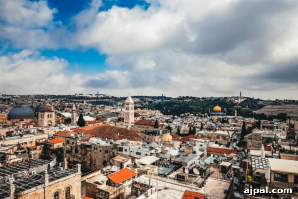 A panoramic view of Jerusalem's historic skyline, showcasing its iconic golden domes and ancient stone buildings under a bright sky.