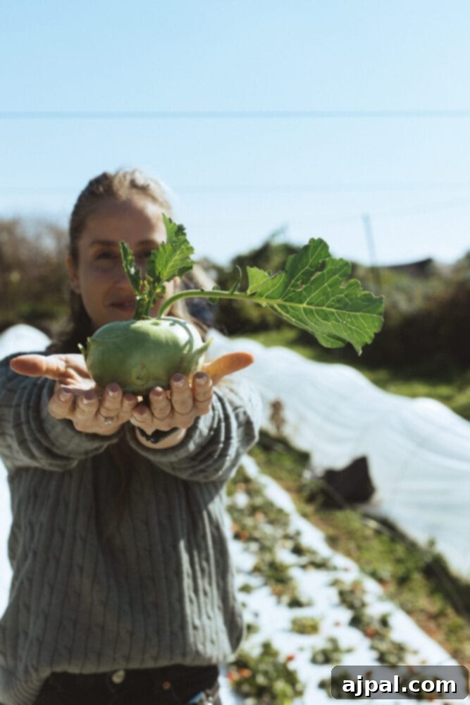 Skhug Zhoug Sauce Recipe 12 A woman tenderly holding a bounty of freshly harvested vegetables in a lush, thriving garden, beautifully illustrating the profound farm-to-table ethos and abundance at Farma Cultura.