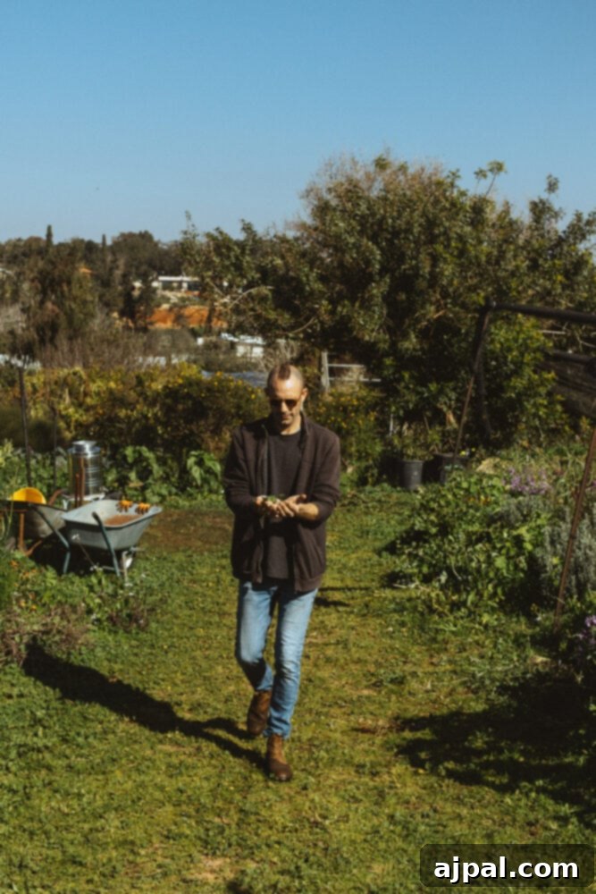 Skhug Zhoug Sauce Recipe 13 A man diligently picking fresh, vibrant vegetables in a bountiful garden, vividly demonstrating the organic and hands-on agricultural practices embraced at Farma Cultura.