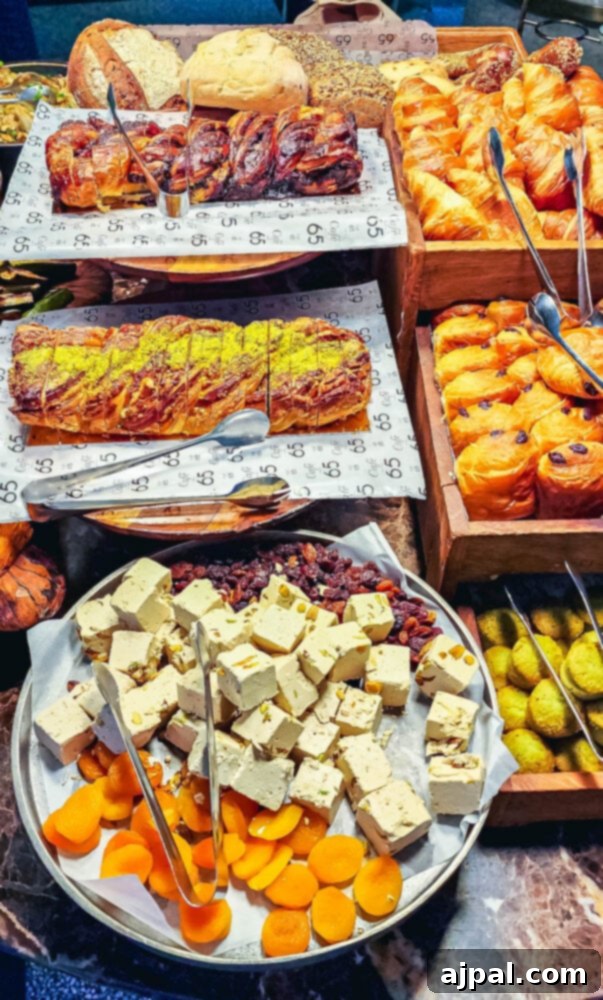A vibrant selection of breakfast items on a table, including an inviting plate of tahini roasted cauliflower with cranberries and almonds.