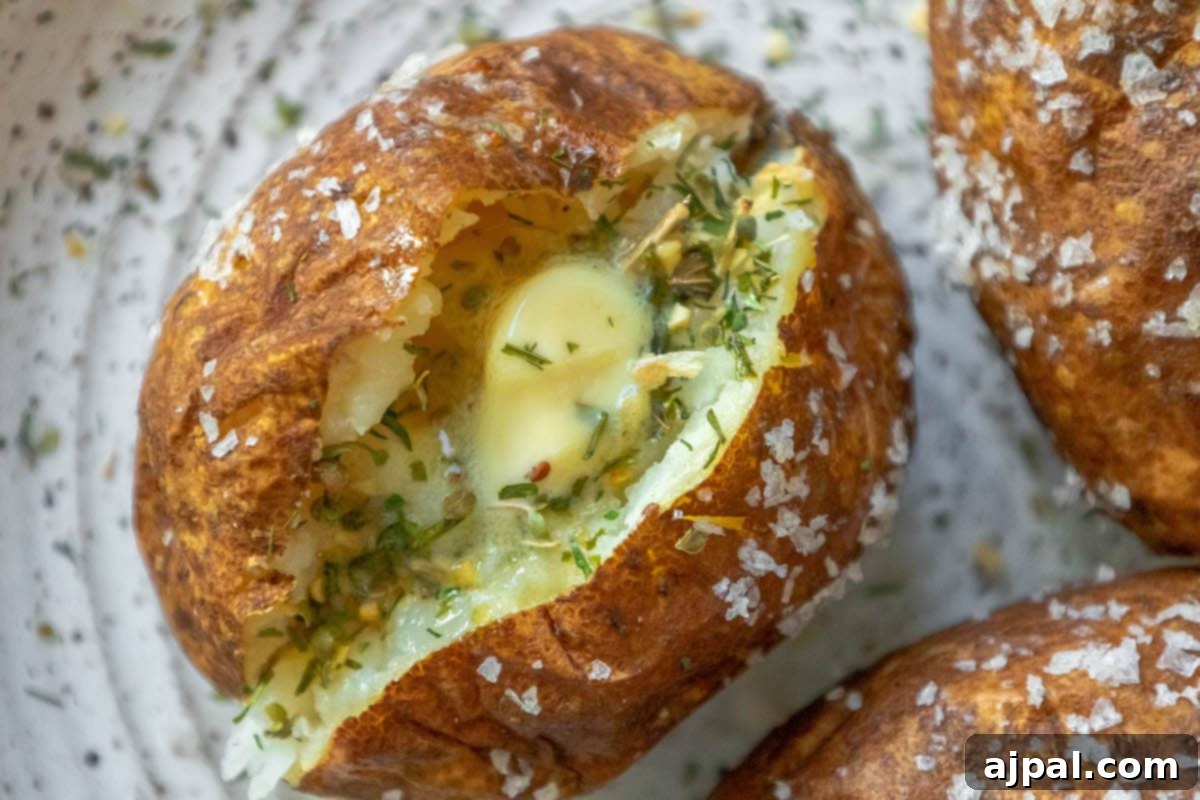 baked potato covered in flaky sea salt cut in half with butter in the middle and herb seasoning inside on a speckled plate with two other salt baked potatoes on the plate next to it