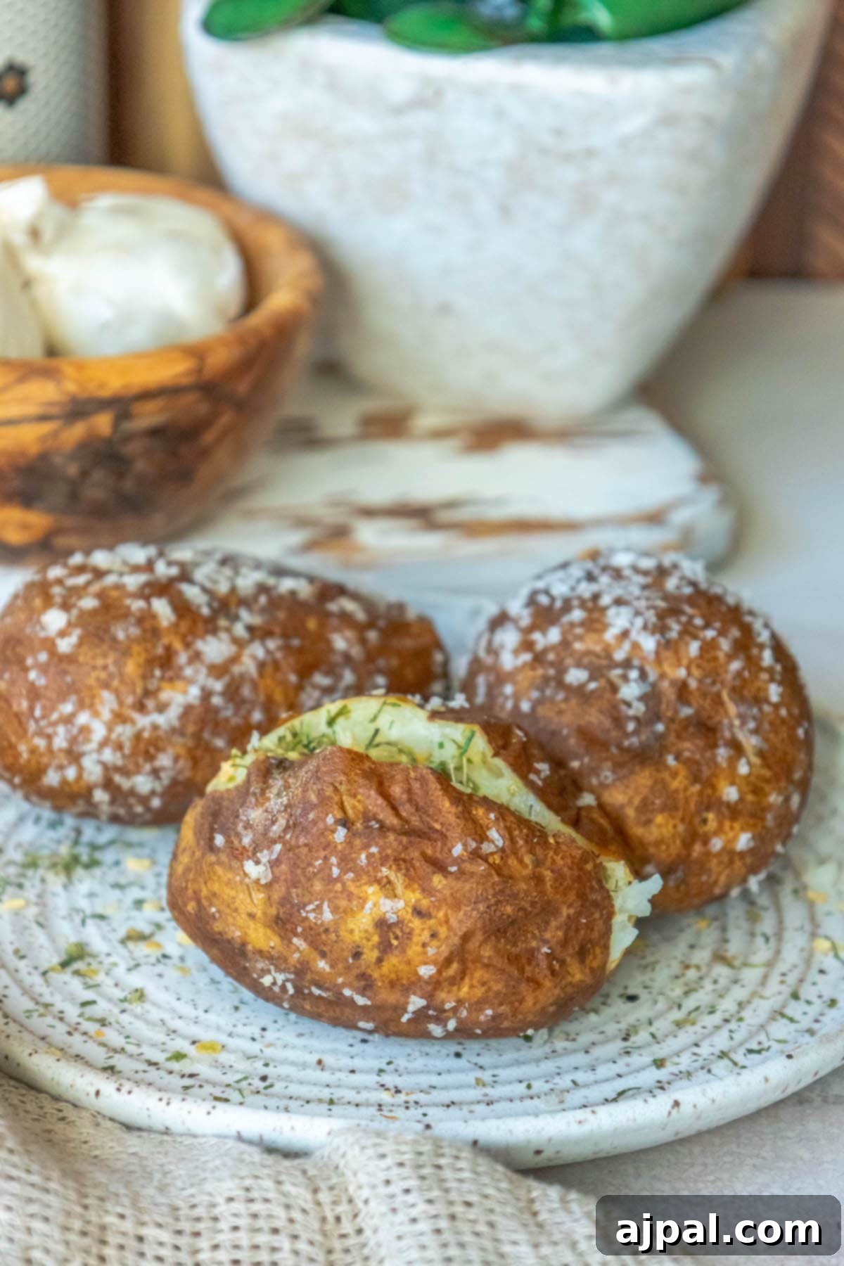 baked potato covered in flaky sea salt cut in half with butter in the middle and herb seasoning inside on a speckled plate with two other salt baked potatoes on the plate next to it
