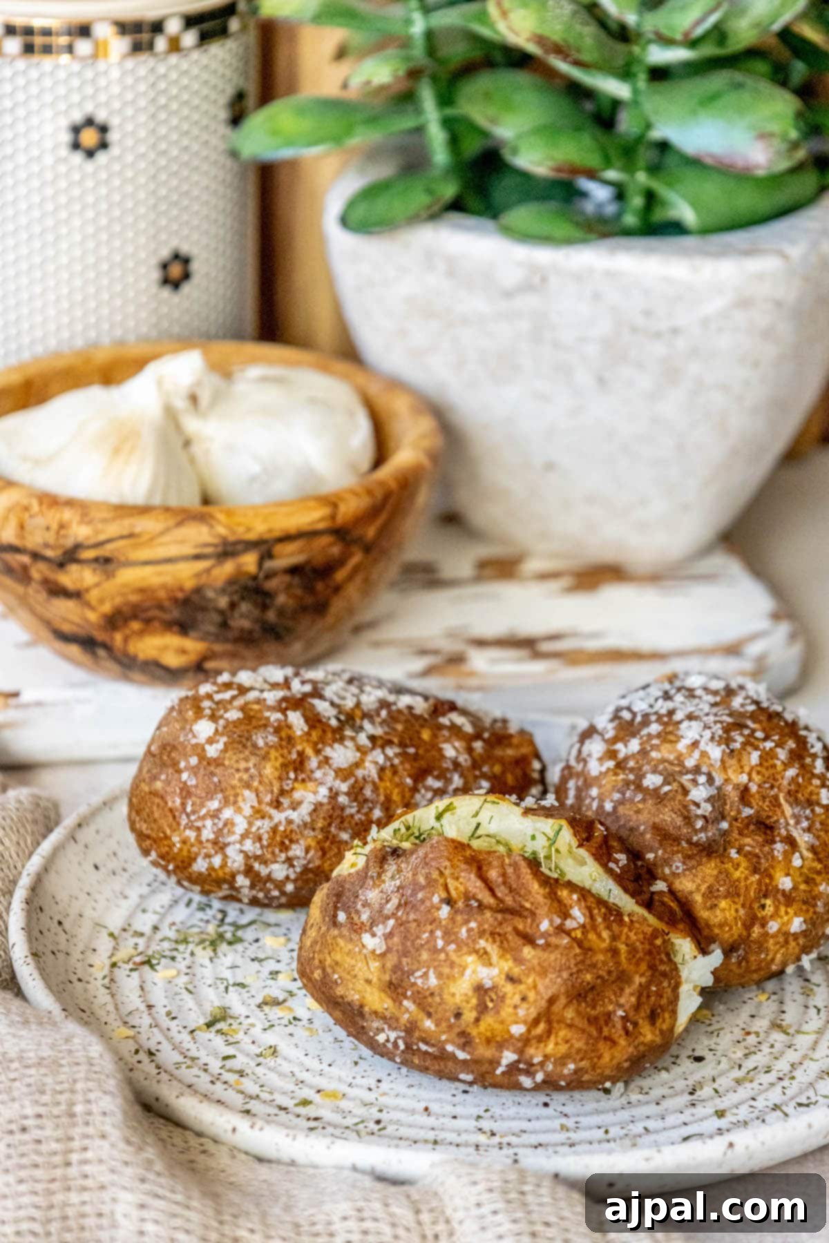 baked potato covered in flaky sea salt cut in half with butter in the middle and herb seasoning inside on a speckled plate with two other salt baked potatoes on the plate next to it