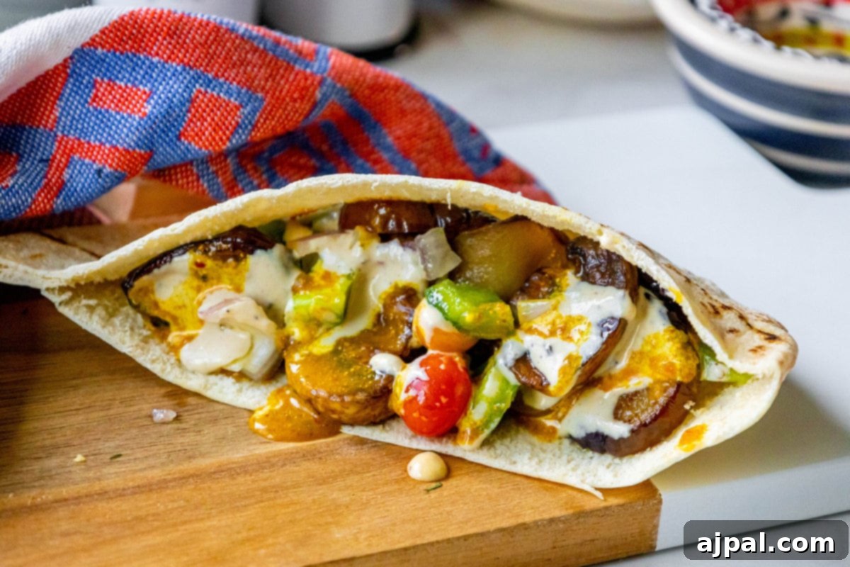 sabich sandwich with fried eggplants, fried mushrooms, Israeli salad, amba sauce, tahini sauce and hummus in a pita