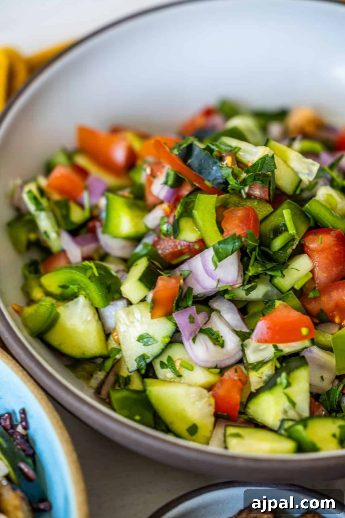 A bowl of fresh Israeli salad with chopped cucumbers, tomatoes, onions, and herbs offers a delightful vegan recipe.
