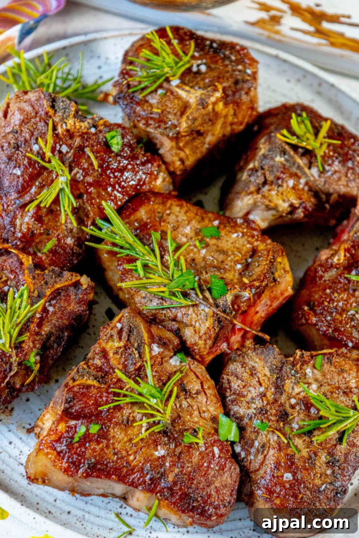 seared lamb chops on a white plate with sprigs of fresh rosemary and sea salt flakes on top 
