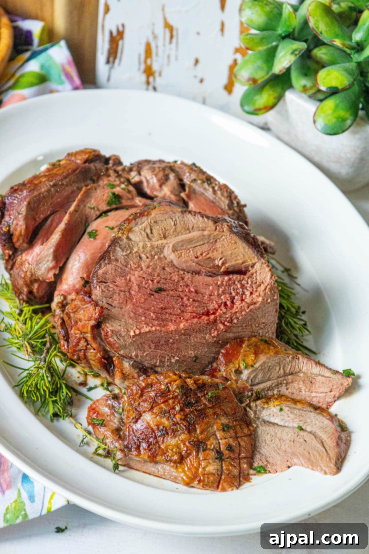 The Ultimate Easy Roasted Leg of Lamb 11 A perfectly roasted leg of lamb, beautifully sliced on a cutting board, generously adorned with vibrant chopped herbs, making for an appetizing presentation.