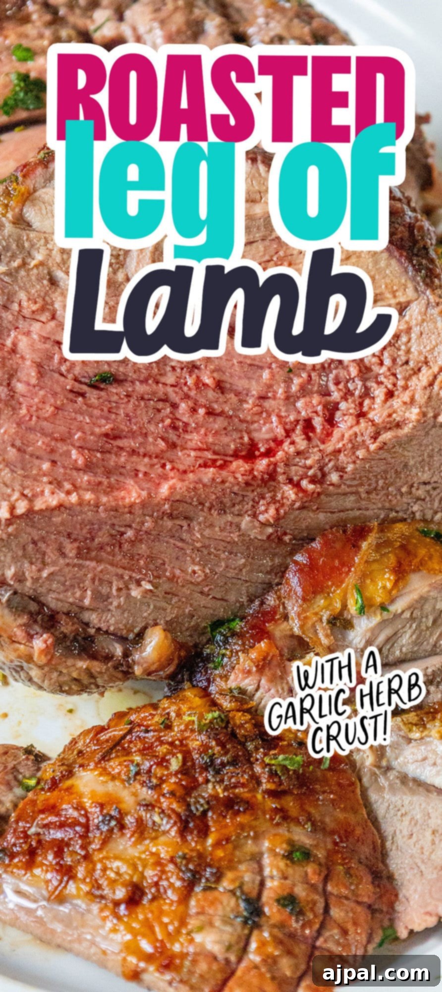 The Ultimate Easy Roasted Leg of Lamb 12 A stunning final image of a perfectly roasted leg of lamb, artfully sliced and ready to serve, glistening with a savory garlic herb glaze.