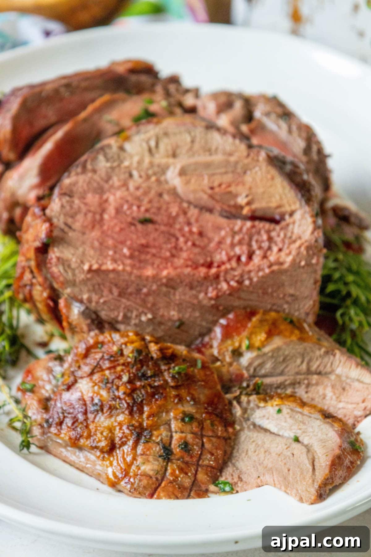 The Ultimate Easy Roasted Leg of Lamb 9 A pristine white plate holds a perfectly roasted leg of lamb, demonstrating ideal doneness and presentation.