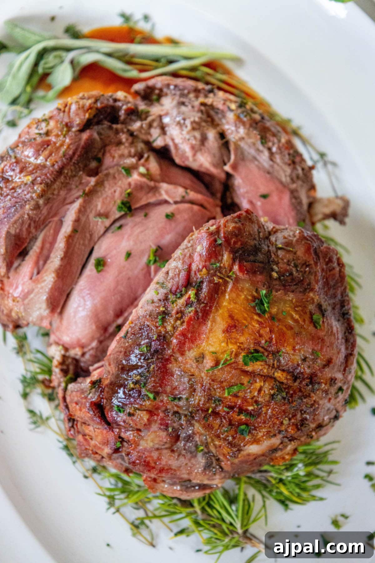 The Ultimate Easy Roasted Leg of Lamb 10 A roasted leg of lamb, expertly sliced and presented on a cutting board, generously topped with a sprinkle of fresh chopped herbs, highlighting its exquisite finish.