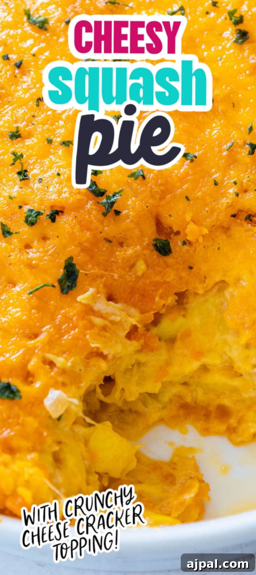 A slice of cheesy baked squash casserole served on a white plate, showcasing its golden crust and creamy interior.
