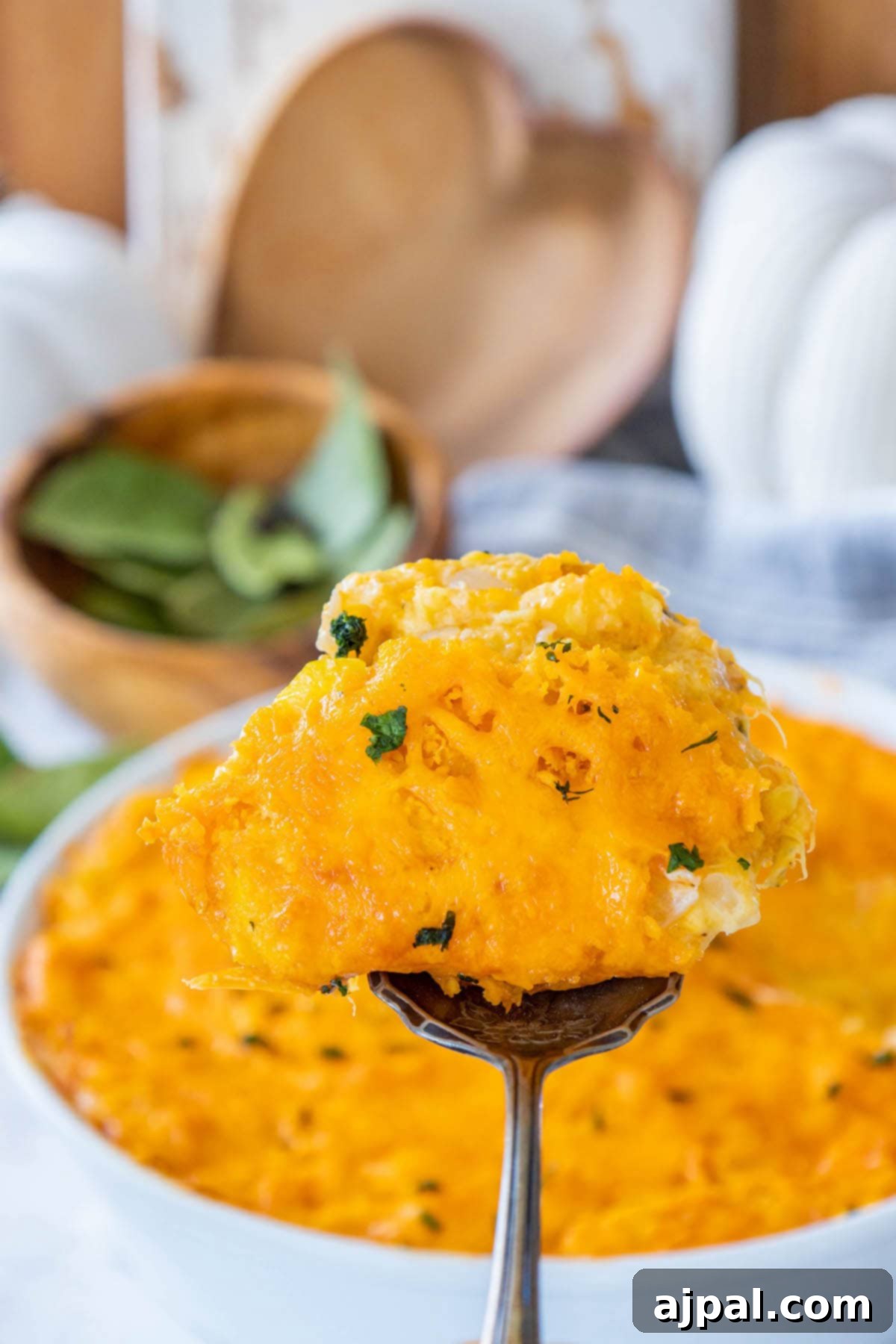 A generous scoop of cheesy squash casserole in a white bowl, showing its creamy texture and golden Cheez-It topping, with a fork ready to dig in.