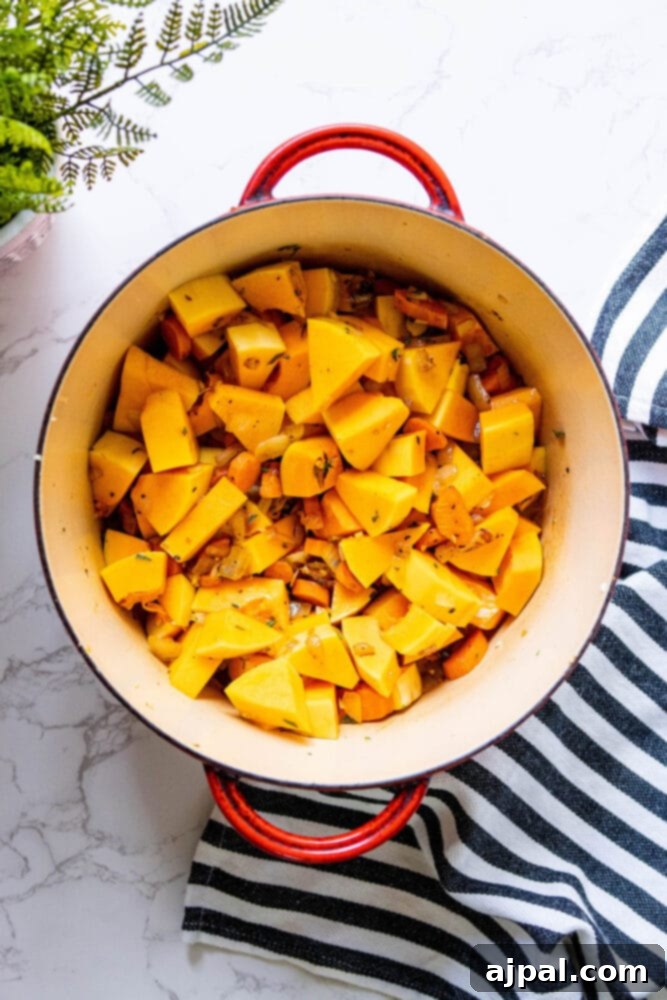 Golden Butternut Perfection 8 chunks of squash in a dutch oven