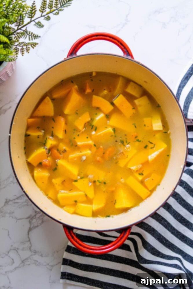 Golden Butternut Perfection 9 chunks of squash in stock in a pot